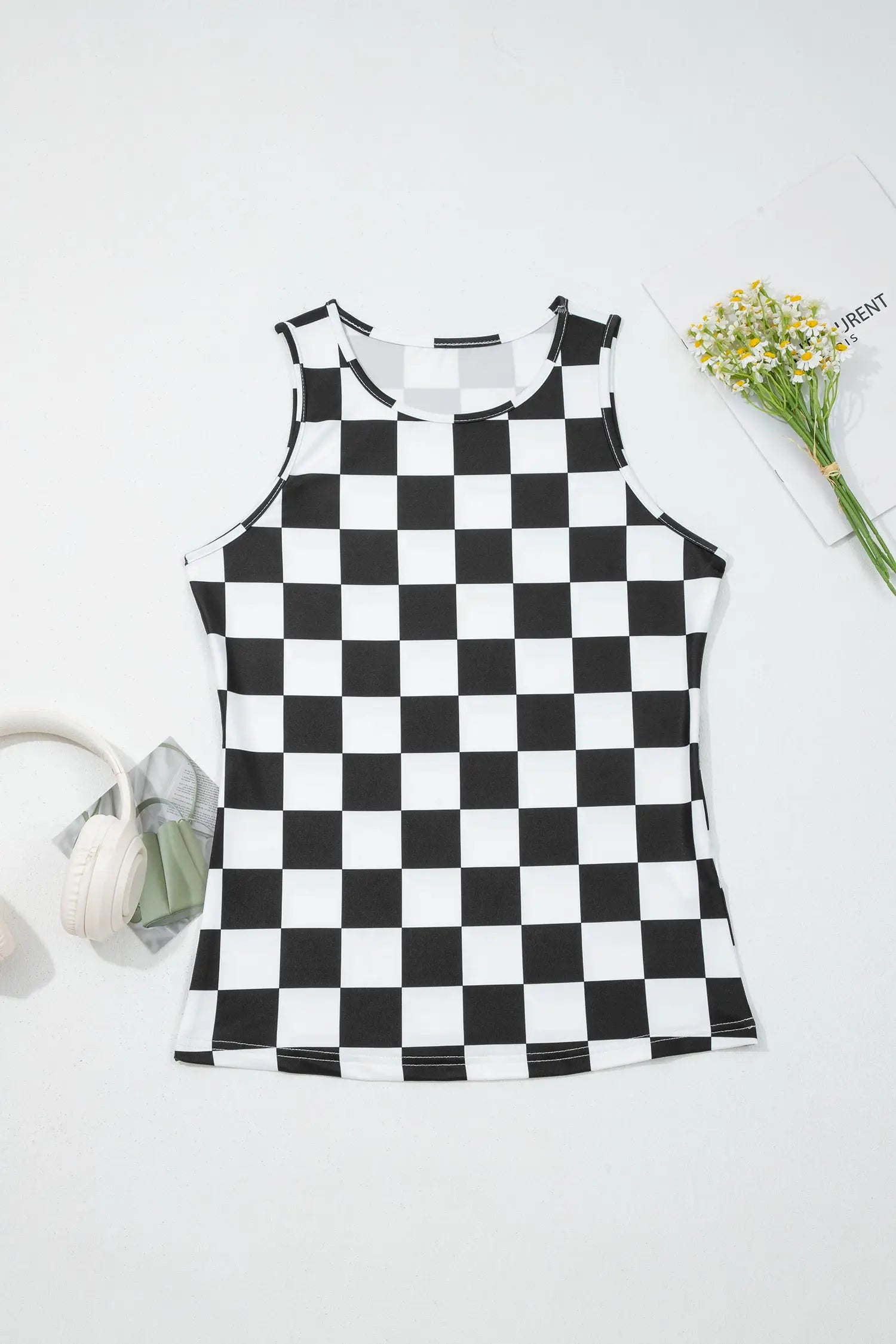 Red checkerboard printed slim tank top