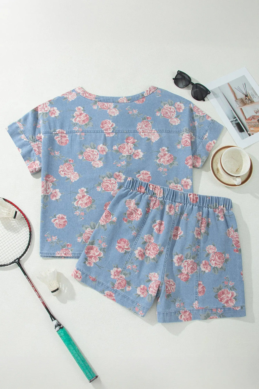 Floral Denim Short Sleeve Top and Shorts Set Women UK — fabric texture detail | Fashionfitz UK