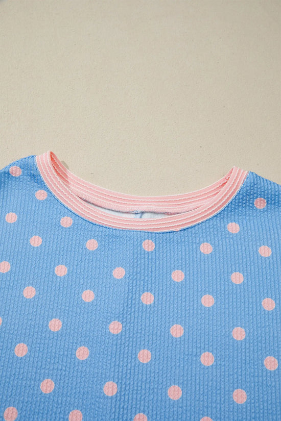 Raised rib polka dot print cuffed short sleeve top t-shirts