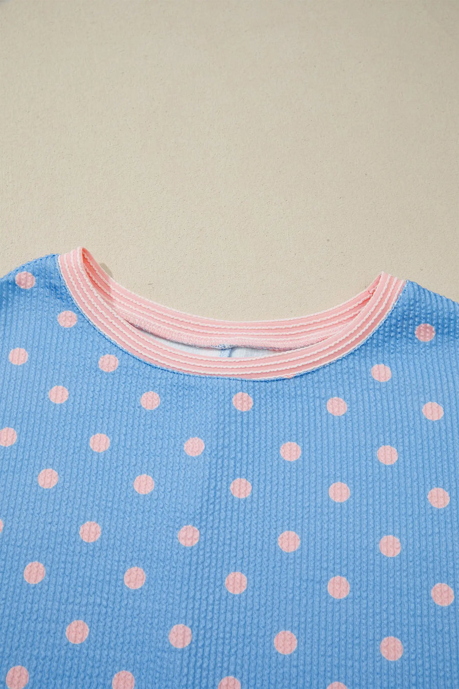 Raised rib polka dot print cuffed short sleeve top t-shirts