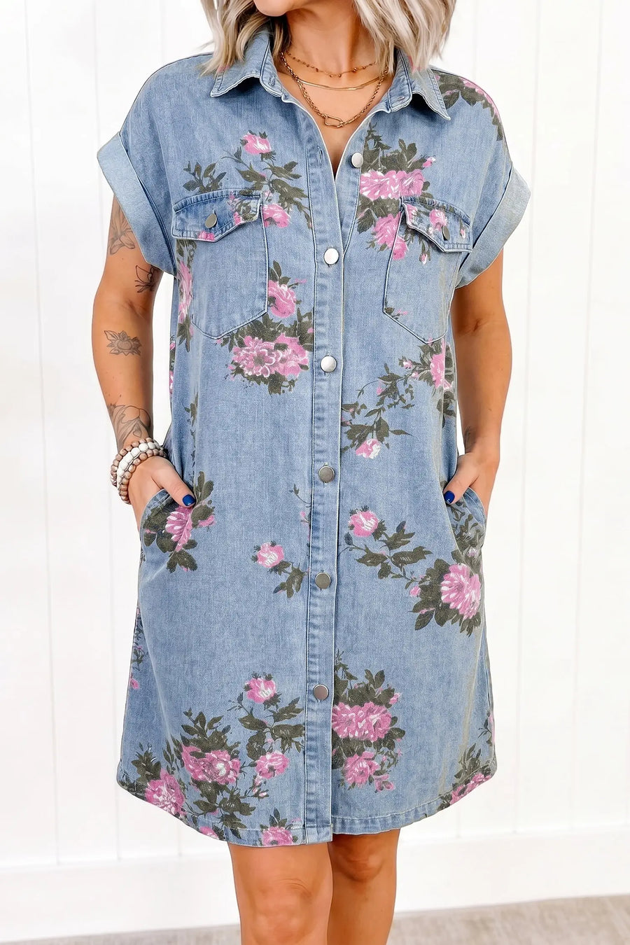 Sky Blue Denim Floral Button Down Shift Dress Women UK