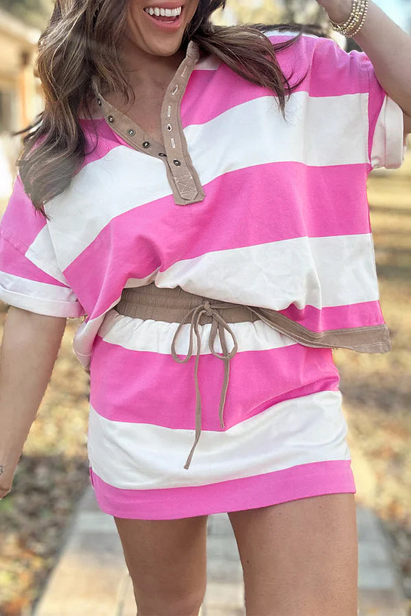 Rose Stripe Colorblock Trim Polo Tee Drawstring Mini Skirt 2pcs Set