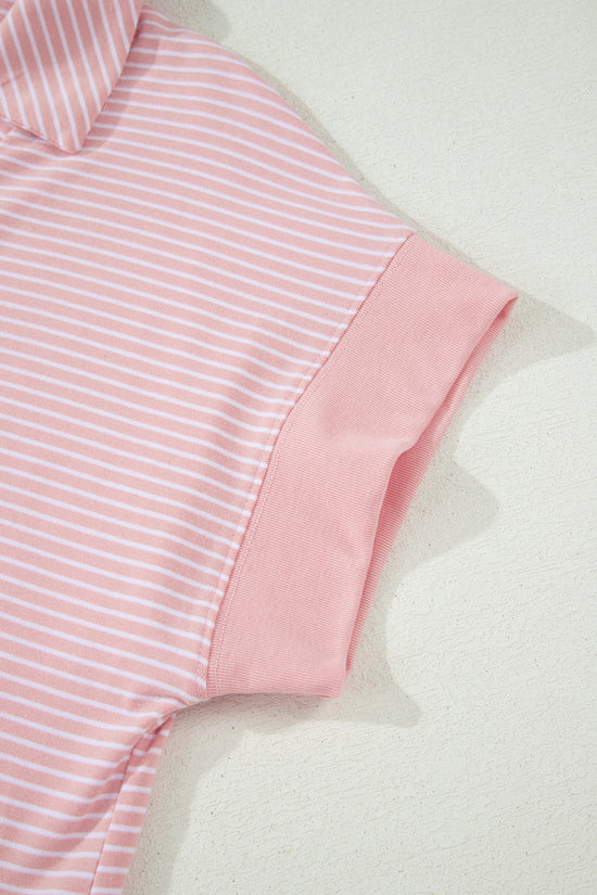 Striped Dolman Sleeve Polo Shirt and Drawstring Shorts Two Piece Set