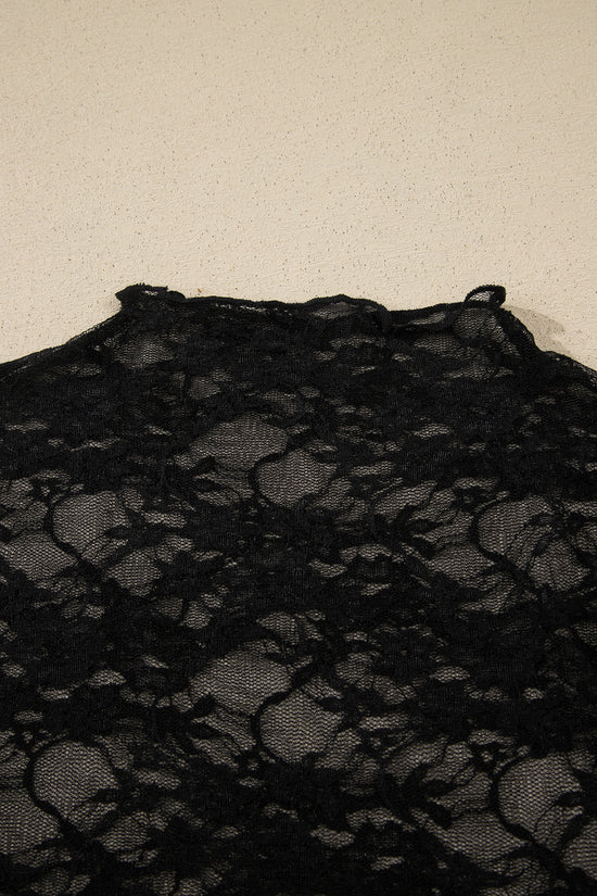 Sheer Floral Lace Mock Neck Lettuce Trim Long Sleeve Top