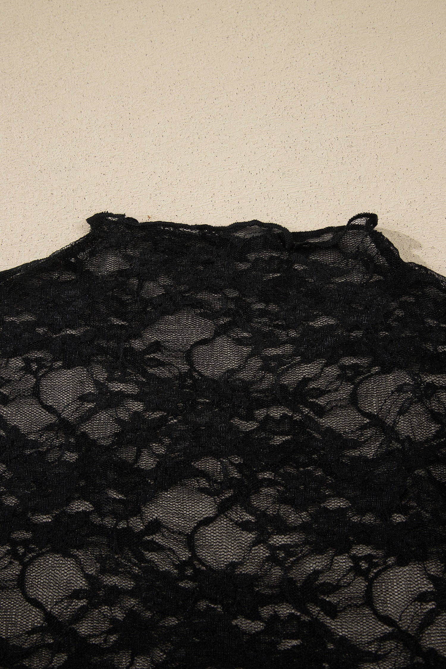 Sheer Floral Lace Mock Neck Lettuce Trim Long Sleeve Top