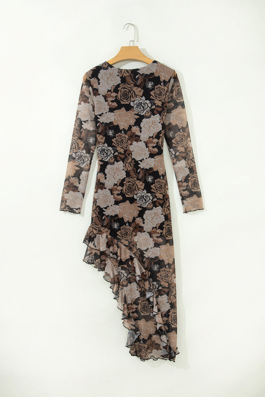 Floral Mesh Long Sleeve Ruffle Asymmetric Hem Dress Women UK