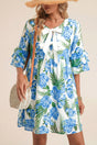 Sky Blue Palm Floral Print Contrast Ribbon Knot Ruffle Tiered Sleeve Mini Dress
