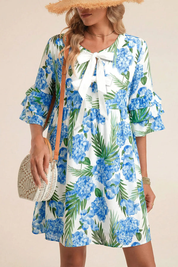 Sky Blue Palm Floral Contrast Ribbon Knot Ruffle Mini Dress Women UK