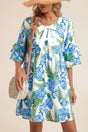 Sky Blue Palm Floral Contrast Ribbon Knot Ruffle Mini Dress Women UK