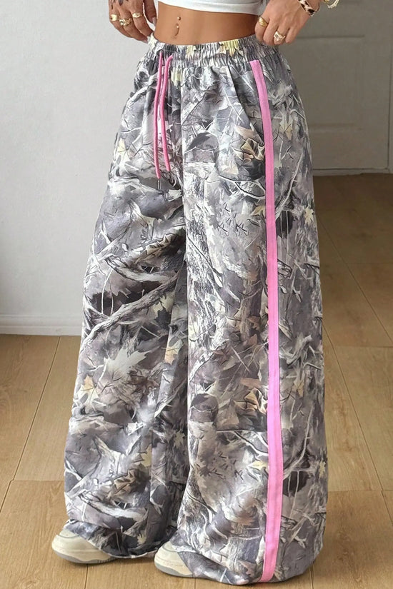 Gray camo woodland print wide leg sweatpants
