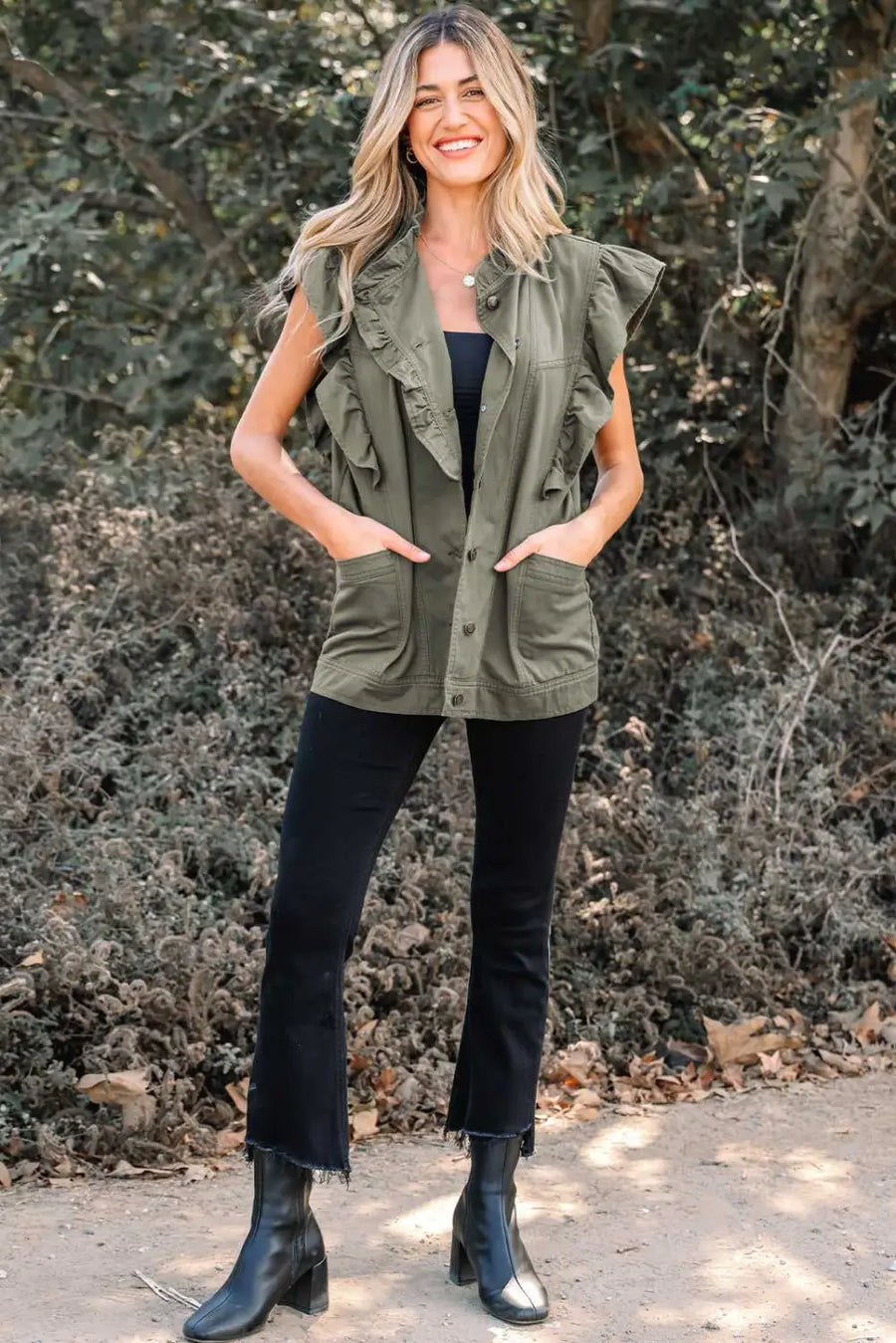 Green bay ruffled denim vest - women’s fashion trends