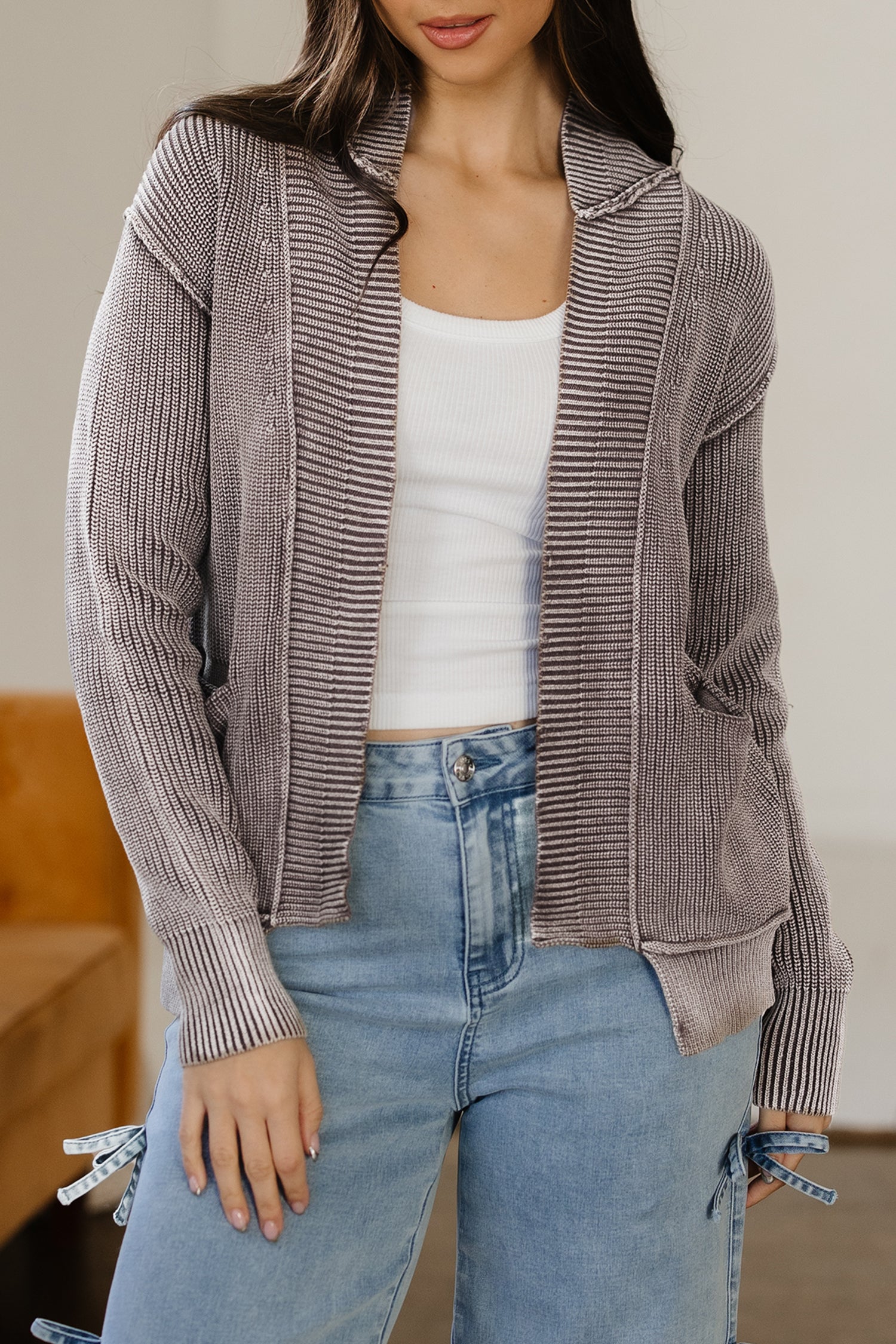 Stonewash Patchwork Knit Open Cardigan