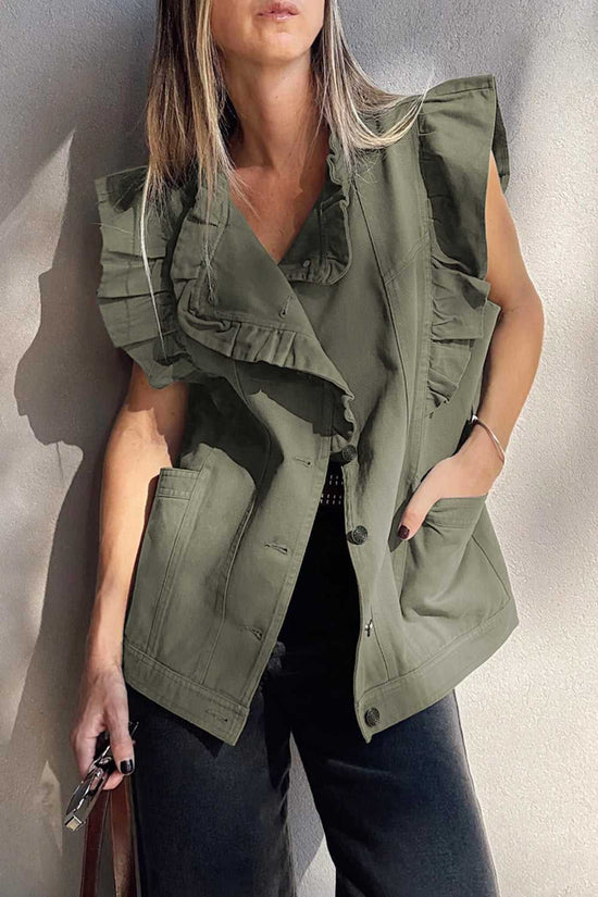 Green Bay Ruffled Denim Vest - Women's Fashion Trends with front button closure, ruffle trim, and side pockets for a chic western-inspired look.