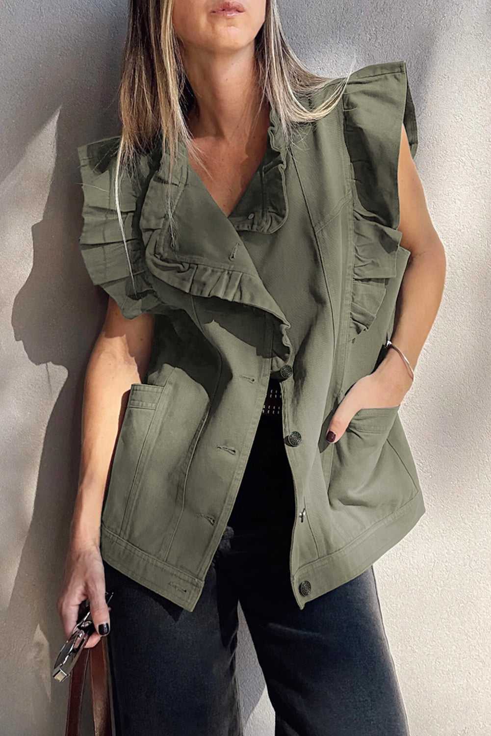 Green Bay Ruffled Denim Vest - Women's Fashion Trends with front button closure, ruffle trim, and side pockets for a chic western-inspired look.