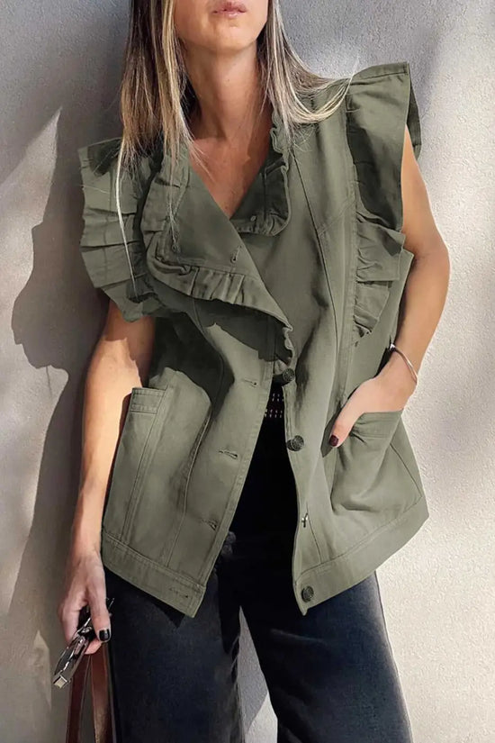 Green Bay Ruffled Denim Vest - Women's Fashion Trends with front button closure, ruffle trim, and side pockets for a chic western-inspired look.
