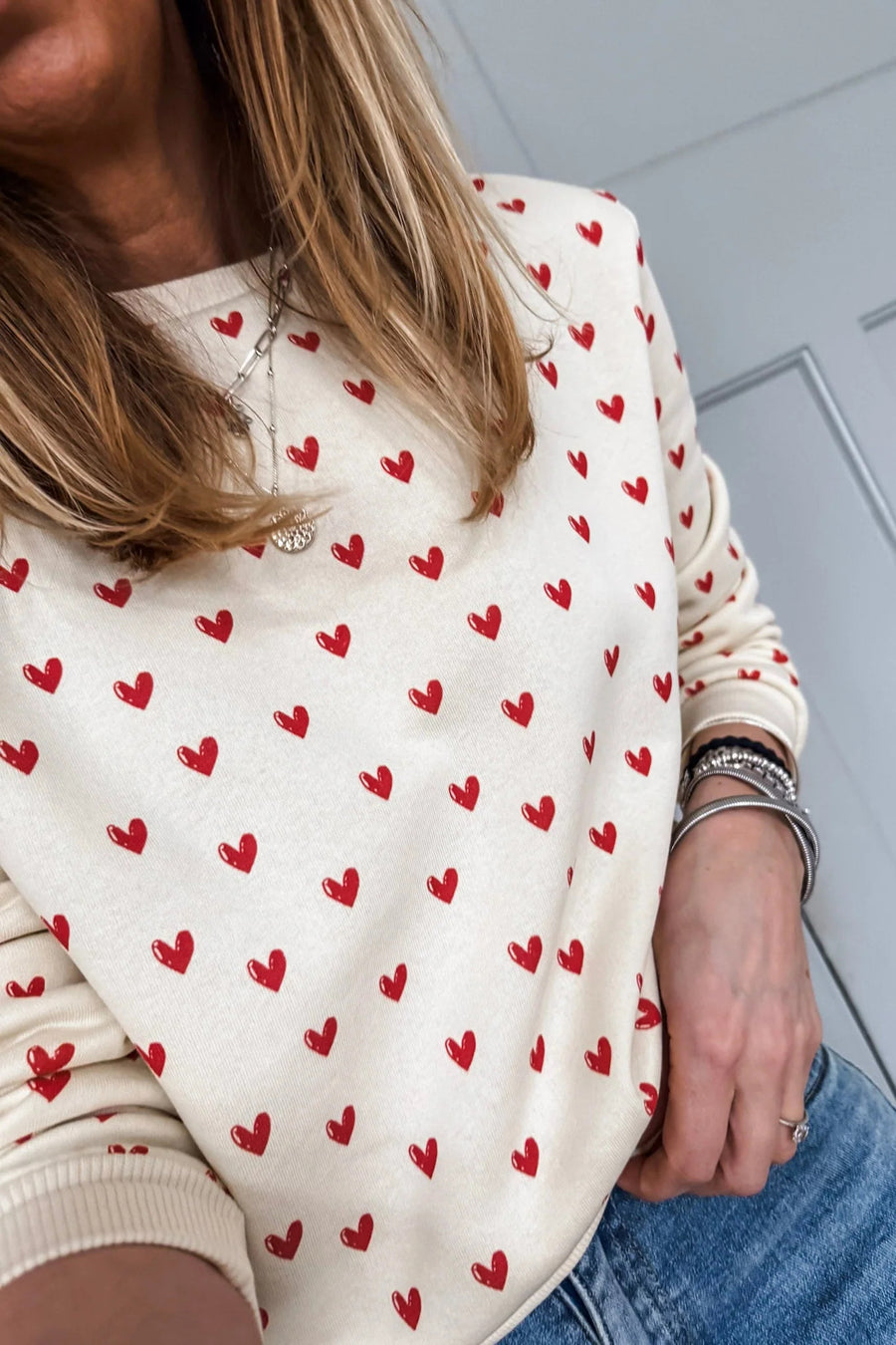 Heart Print Round Neck Long Sleeve Sweatshirt