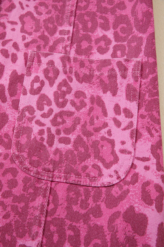 Leopard print denim shift dress button front sleeveless mini pockets dresses