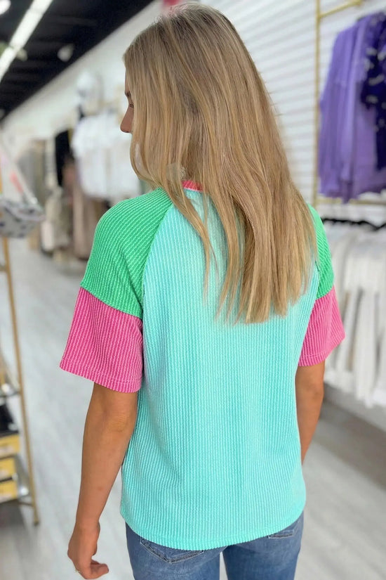 Rose red color block twisted ribbed tee