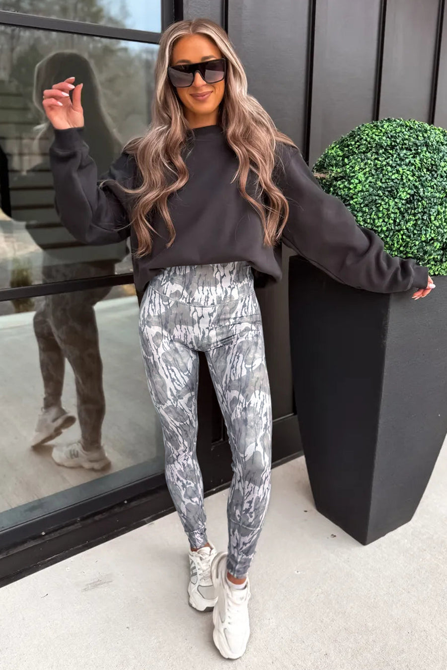 High waist camo leggings styled with trainers — Fashionfitz UK