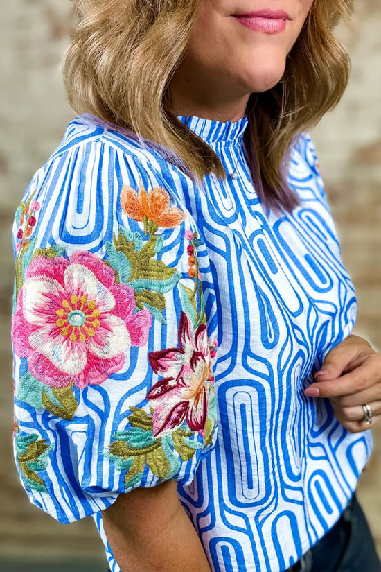 Geometric Print Floral Embroidered Puff Sleeve Blouse