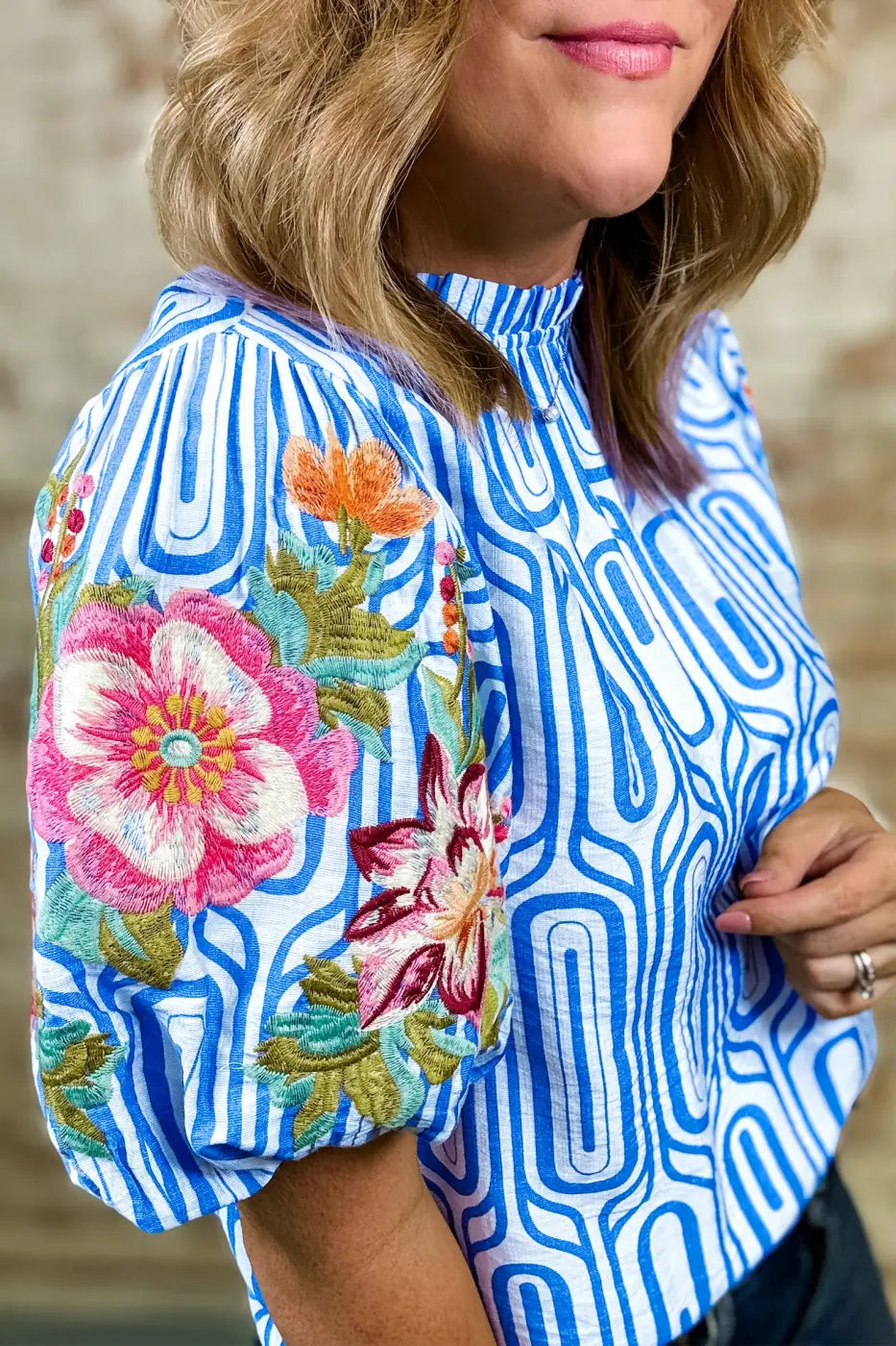 Geometric Print Floral Embroidered Puff Sleeve Blouse
