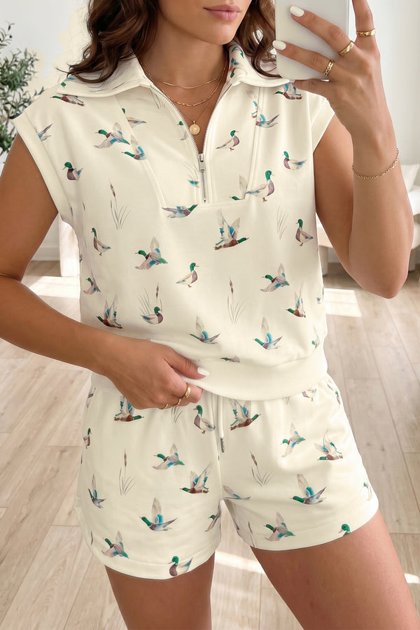 Mallard Duck Print Zip Polo Tee & Drawstring Shorts Set Women UK