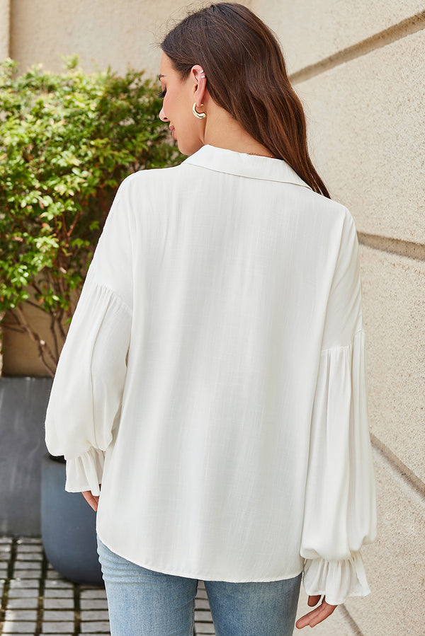 White Ruffle Puffy Sleeve Button Down Shirt Women UK