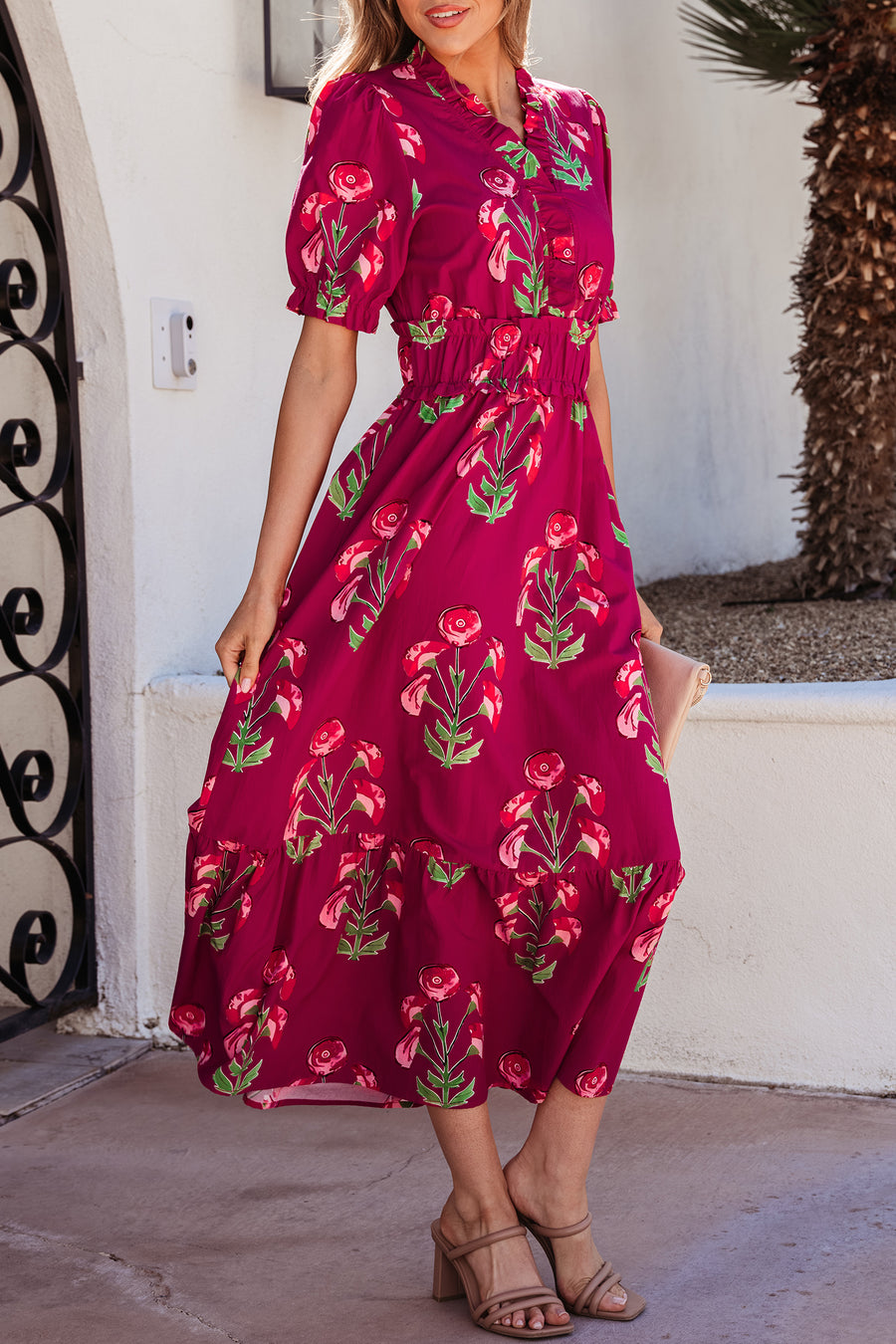 Red Floral Frilled V Neck Short Sleeve Ruffle Hem Maxi Dress Women UK — model shot