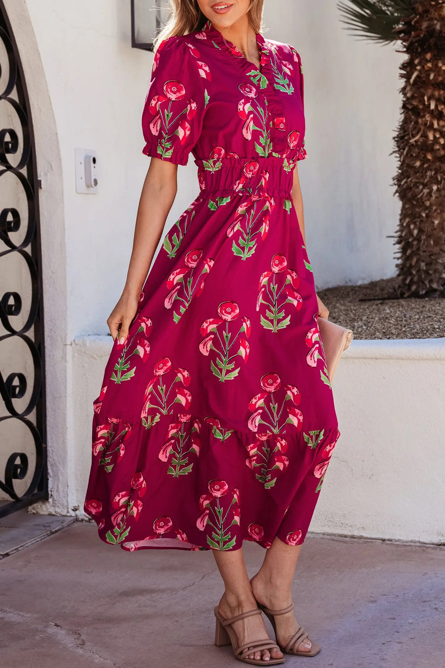 Red Floral Frilled V Neck Short Sleeve Ruffle Hem Maxi Dress Women UK — model shot