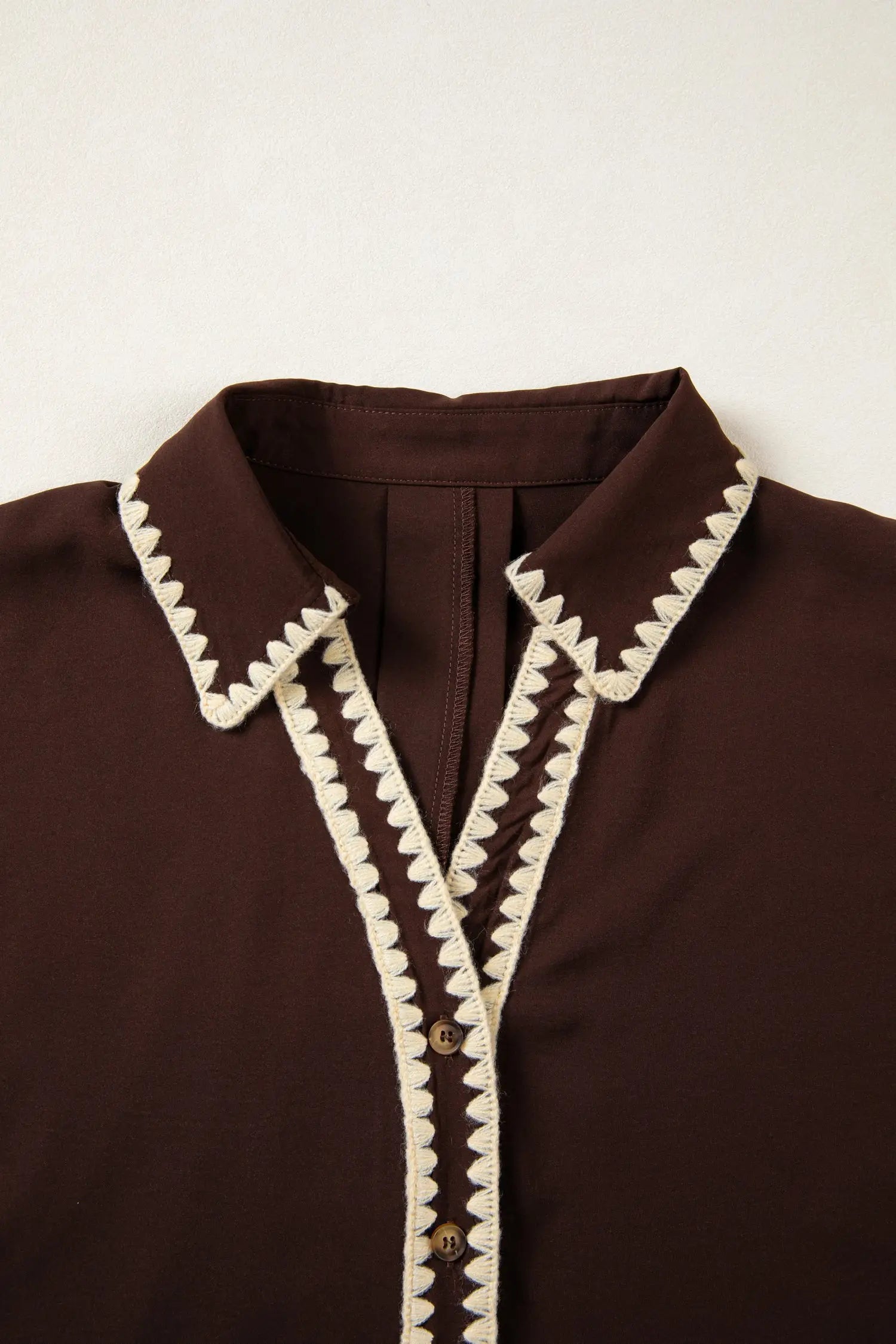 Coffee contrast trim shirt collar blouse button v neck dolman sleeve blouses