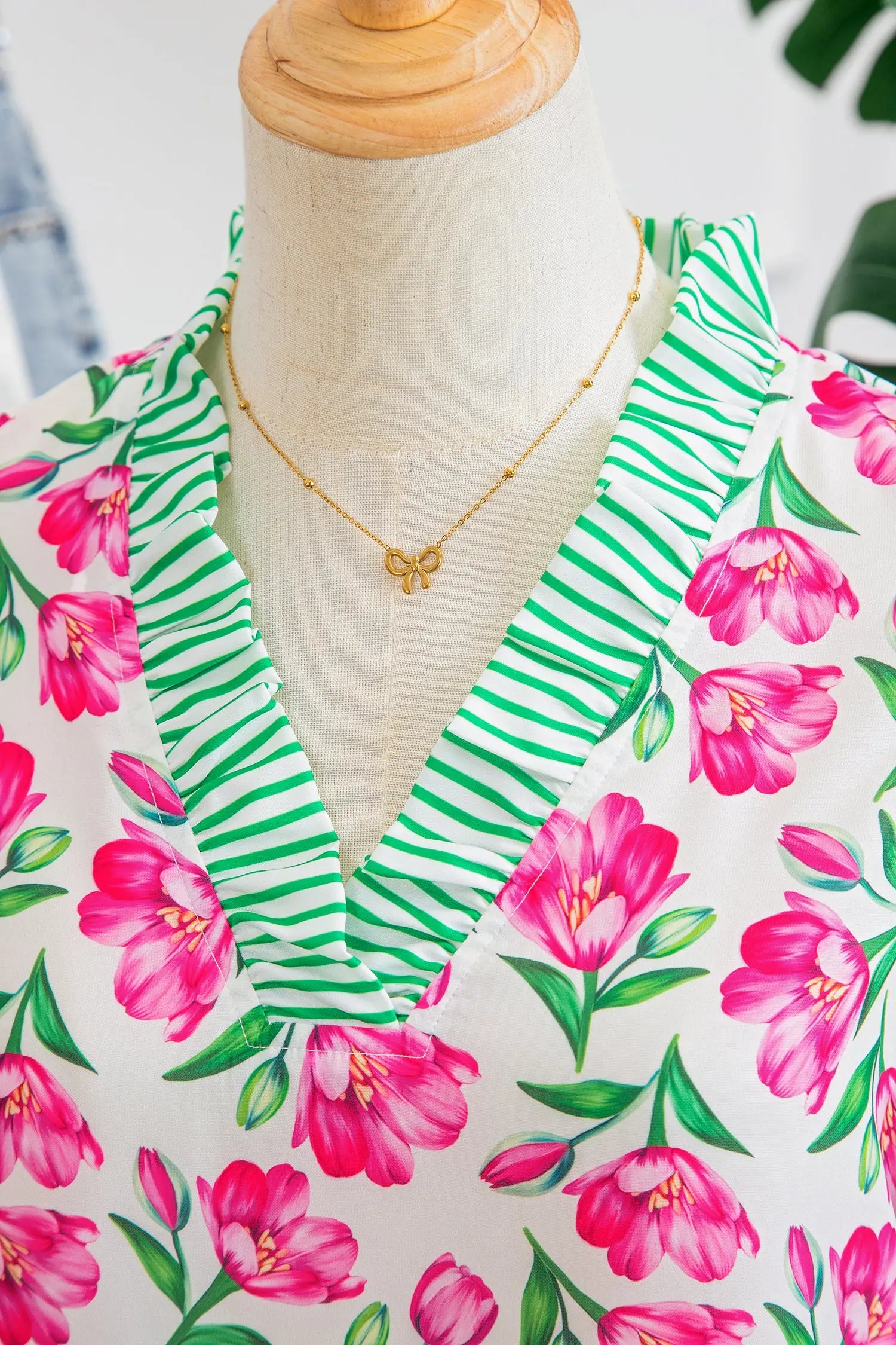 Multicolour sweet floral print striped ruffle trim v neck blouse blouses