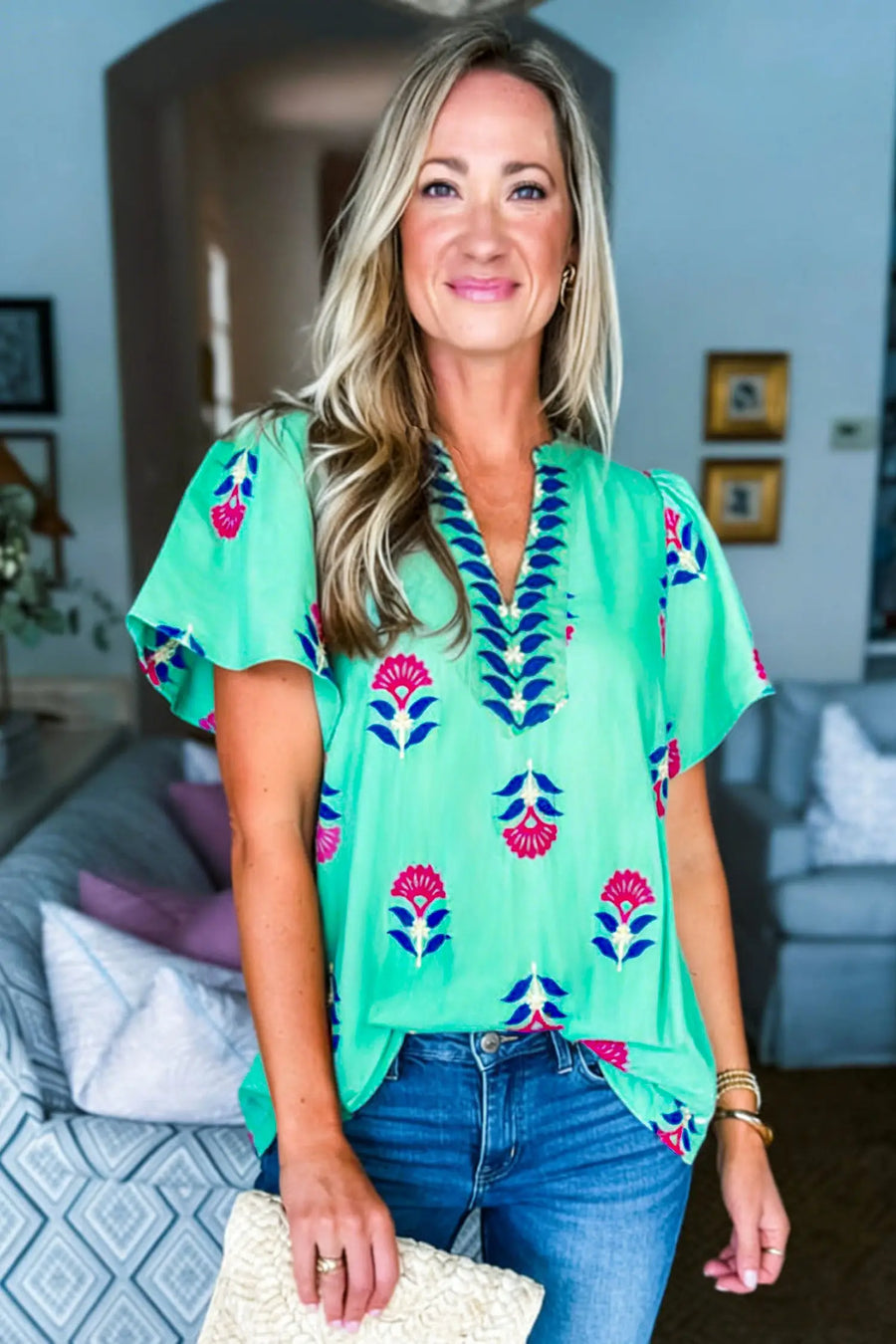 Flutter sleeve blouse women UK — full length front view on model