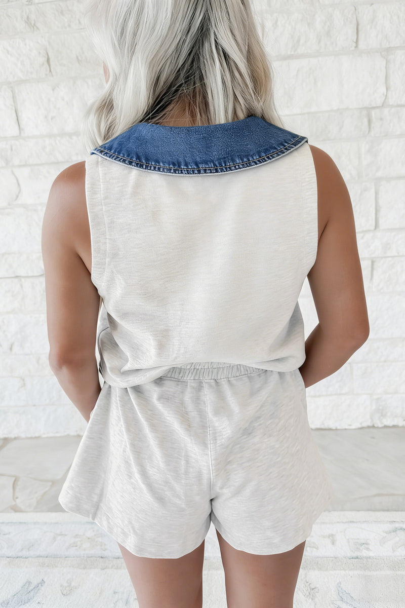 Denim Patchwork Polo Collar Elastic Waist Romper Women UK