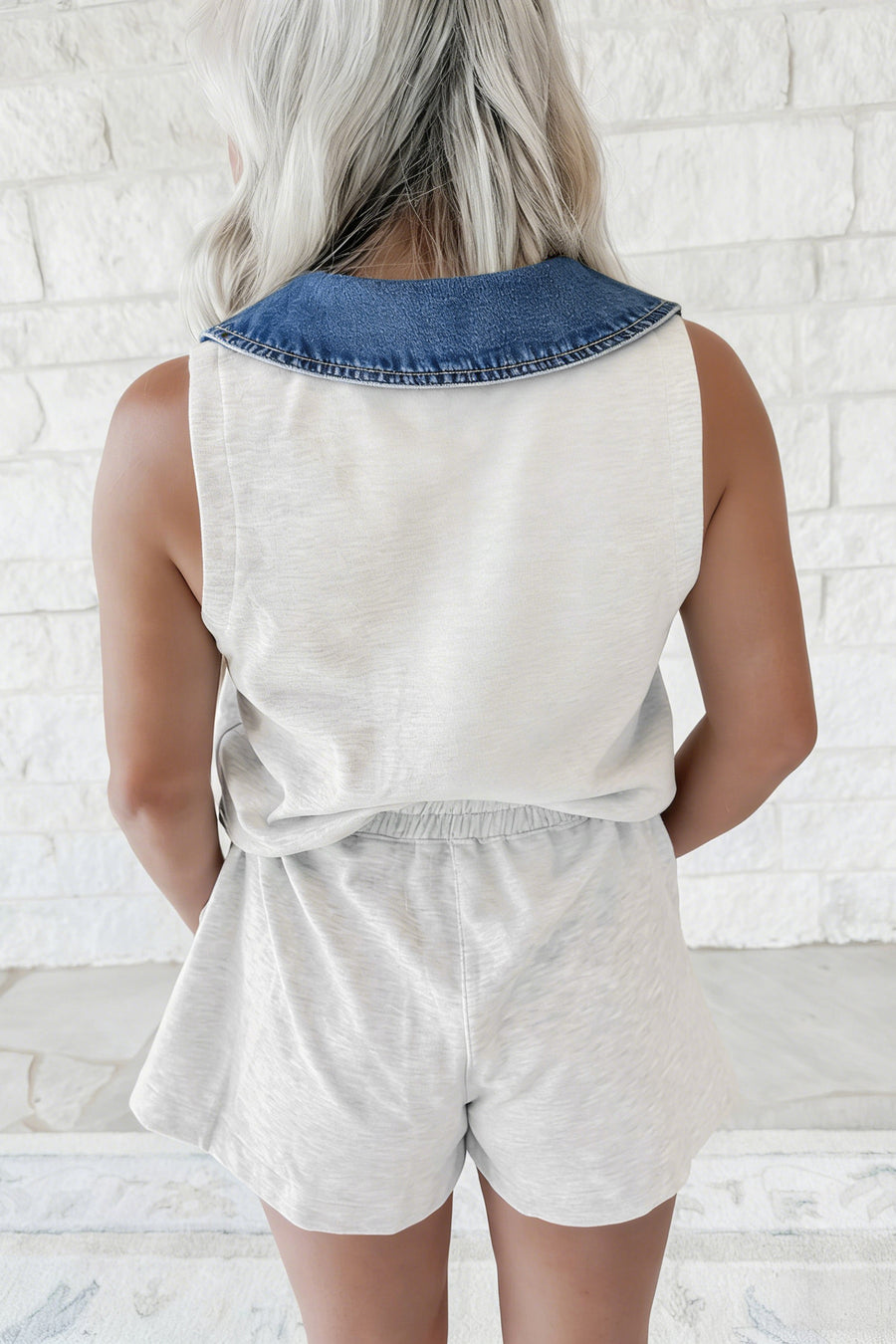 Denim Patchwork Polo Collar Elastic Waist Romper Women UK