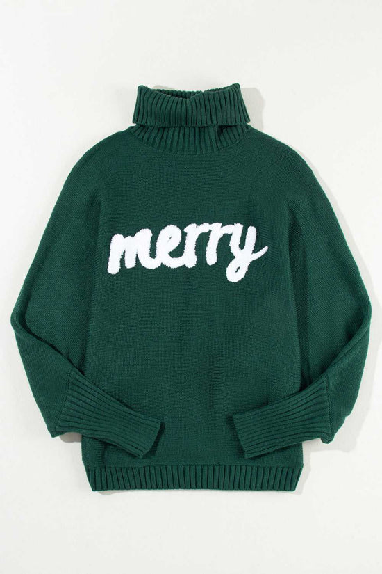 Flat lay of green Stylish High Neck Red Sweater - Christmas, featuring bold white 'merry' text and ribbed cuffs for a festive winter look.