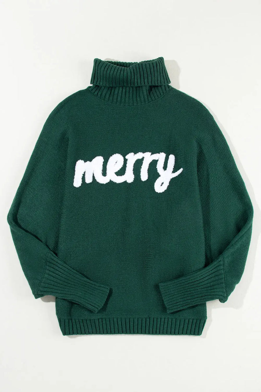 Flat lay of green Stylish High Neck Red Sweater - Christmas, featuring bold white 'merry' text and ribbed cuffs for a festive winter look.