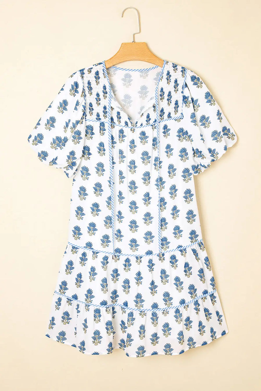 Sky Blue Floral Puff Sleeve Tied Neck Pocketed Mini Dress Women UK