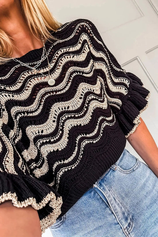 Wavy stripe crochet eyelet ruffle half sleeve knit sweater relaxed fit sweaters