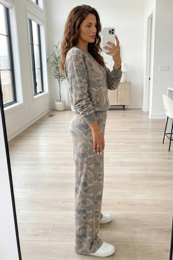Camo Print Long Sleeve Top Wide Leg Pants Set Women UK — side view | Fashionfitz UK
