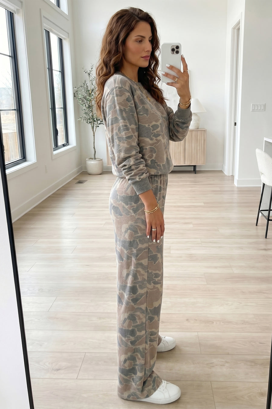 Camo Print Long Sleeve Top Wide Leg Pants Set Women UK