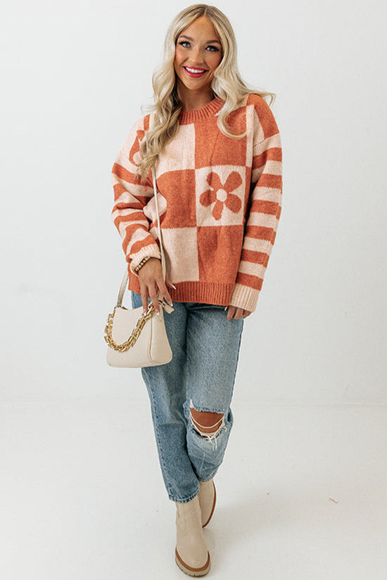 Brown Checkered Floral Print Striped Sleeve Sweater