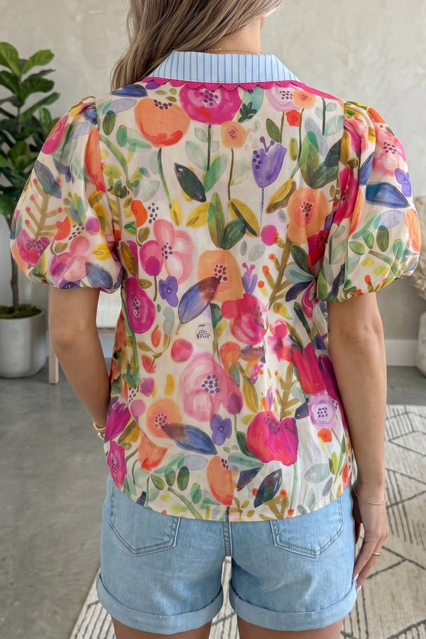 Floral Puff Sleeve Cotton Blouse Women UK — side view showing puff sleeve construction and relaxed fit — Fashionfitz