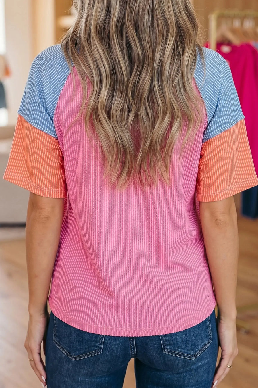 Women's colour block ribbed tee side view V-neck casual summer