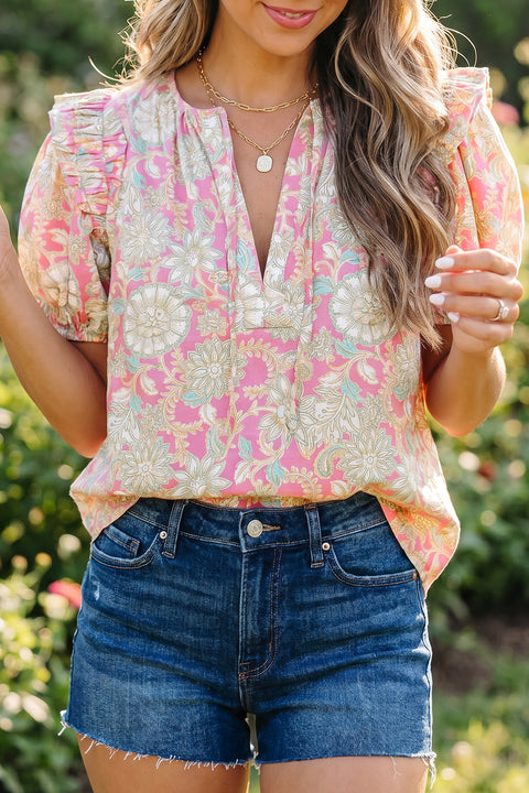 Floral Tie V-Neck Puff Sleeve Blouse Women UK