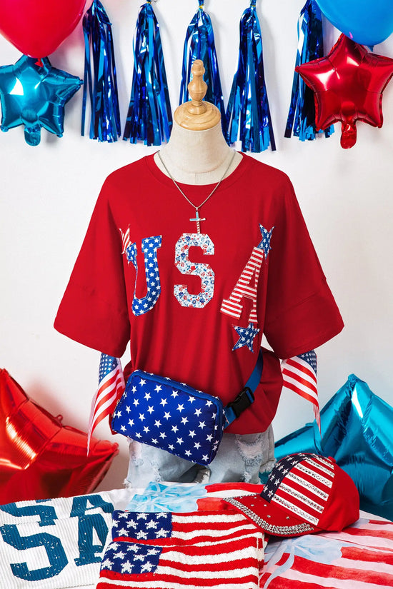 Stars and stripes embroidery tee — three-quarter view showing patchwork design | Fashionfitz UK