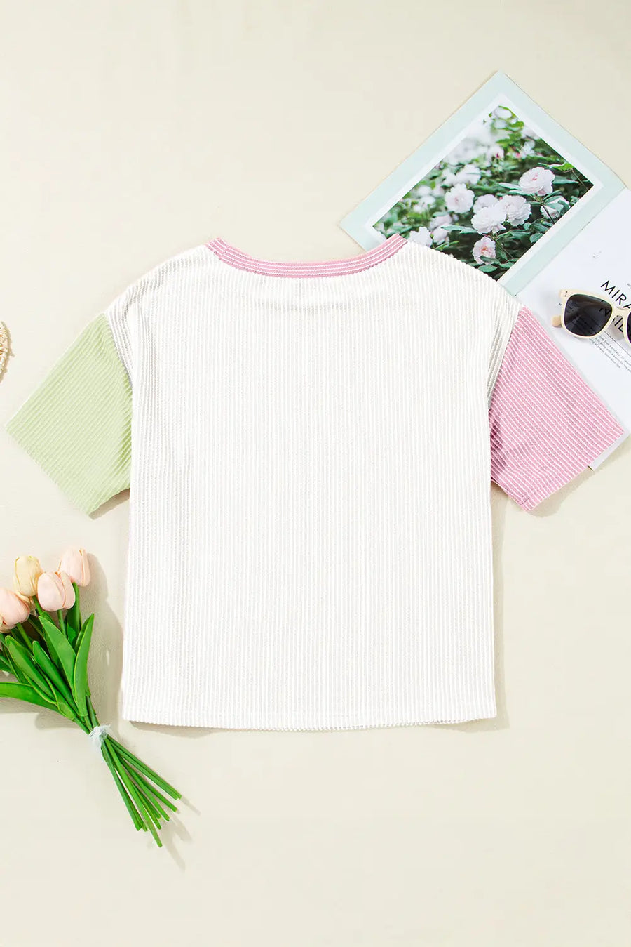 White Corded Colorblock Crewneck Tee — close-up detail | Fashionfitz UK