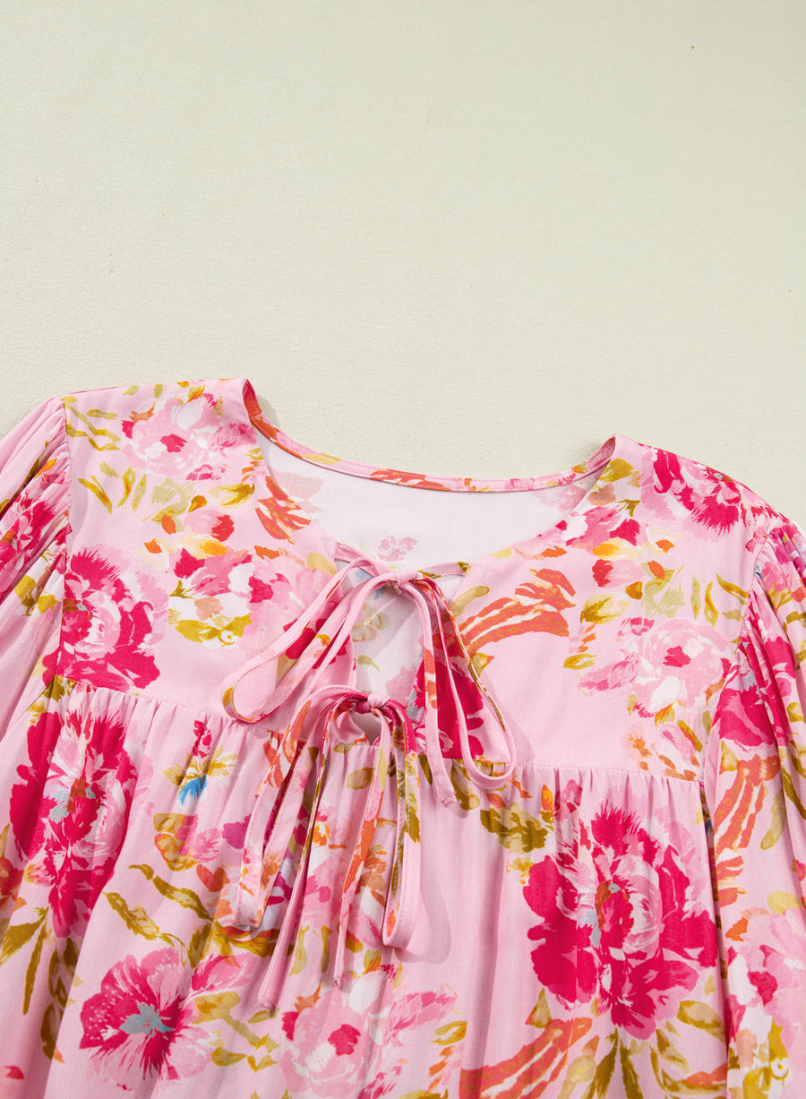 Floral Print V Neck Tie Front Short Sleeve Plus Size Tunic Top UK