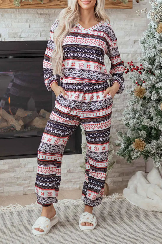 Black christmas retro print lounge set v-neck top high waist pants loungewear