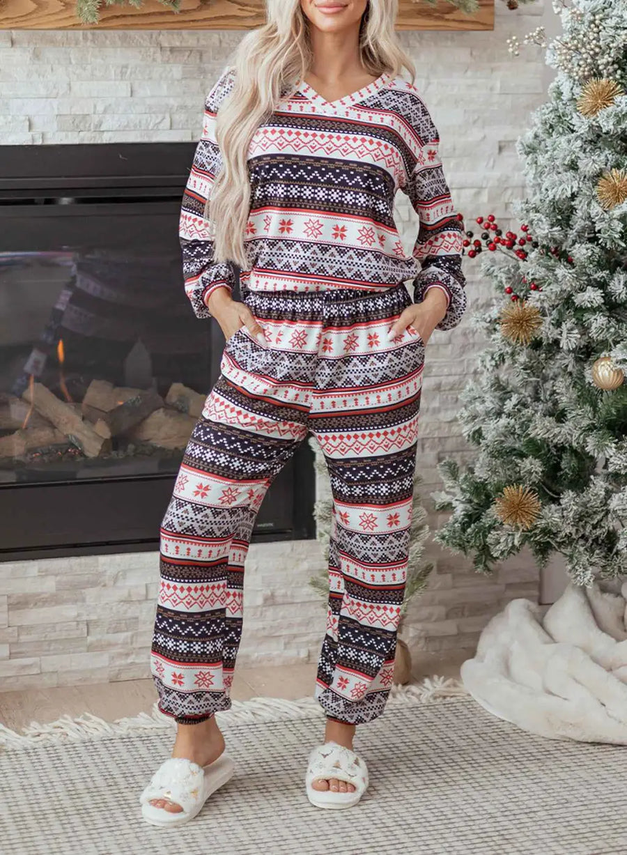 Black christmas retro print lounge set v-neck top high waist pants loungewear