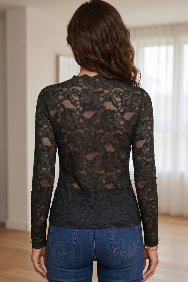 Black stand neck lace long sleeve top back view — Fashionfitz UK